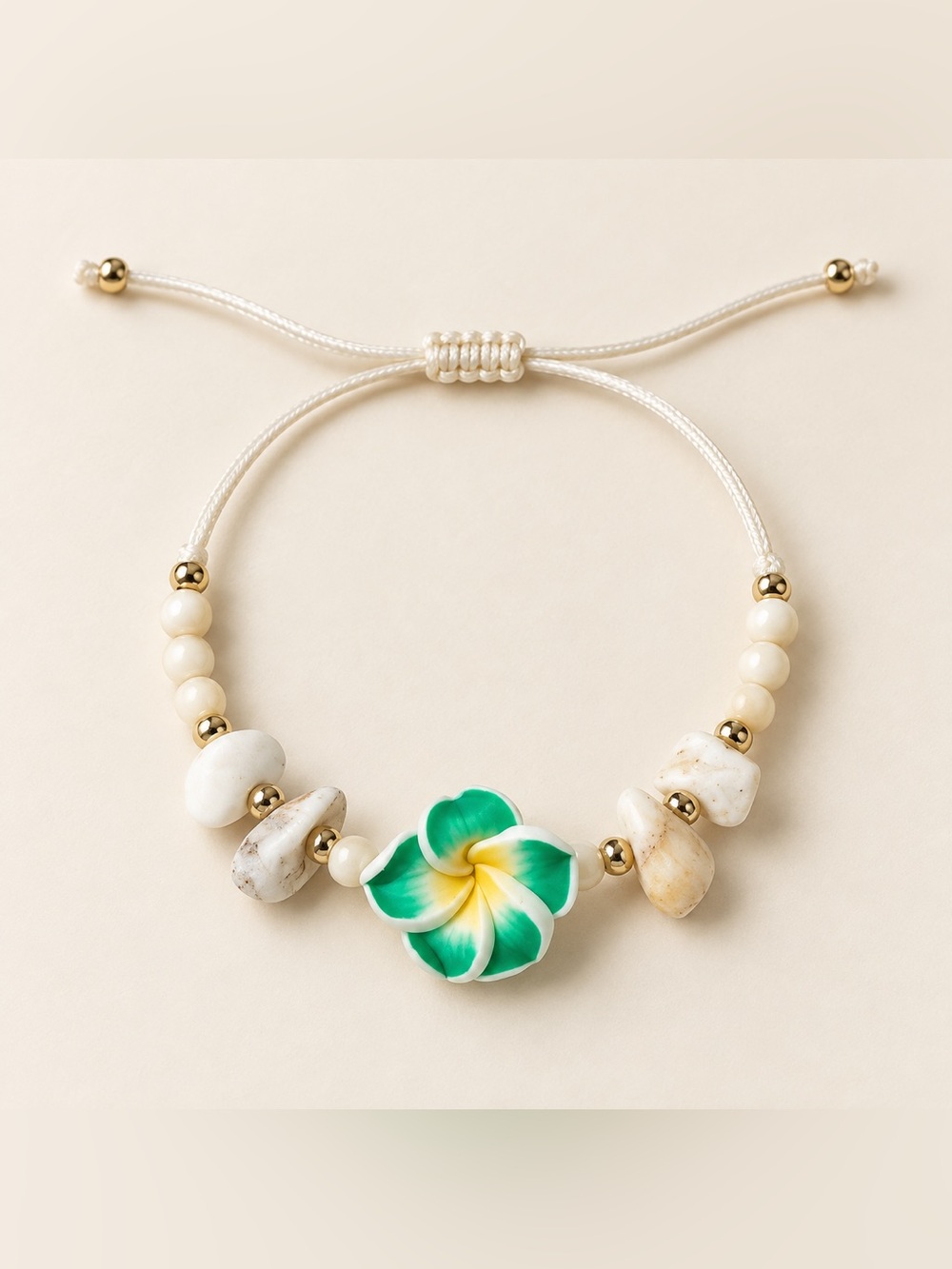 Handmade Green and Yellow Plumeria Beaded Adjustable Bracelet